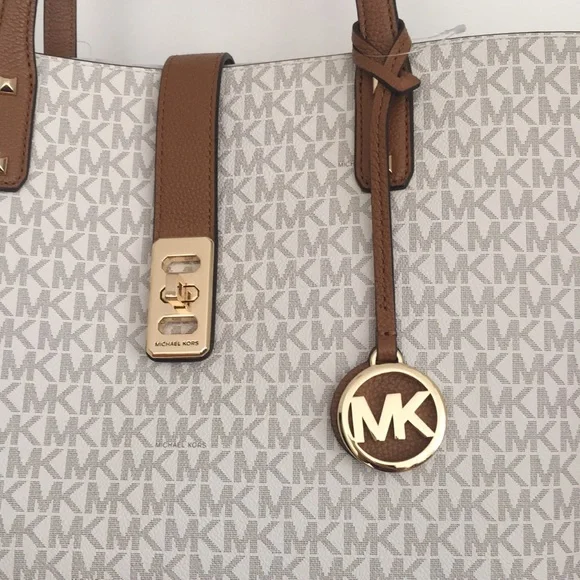 Michael Kors Tote Signature Brand Monogram Gold Hardware Tan Handle - Picture 5 of 9